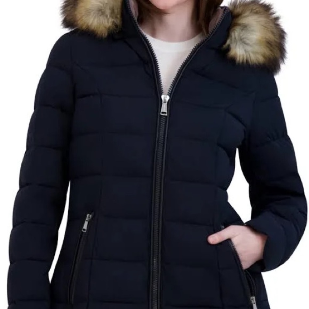 Laundry by Shelli Segal Women's Faux-Fur Trim Hooded Puffer Coat in Navy Blue